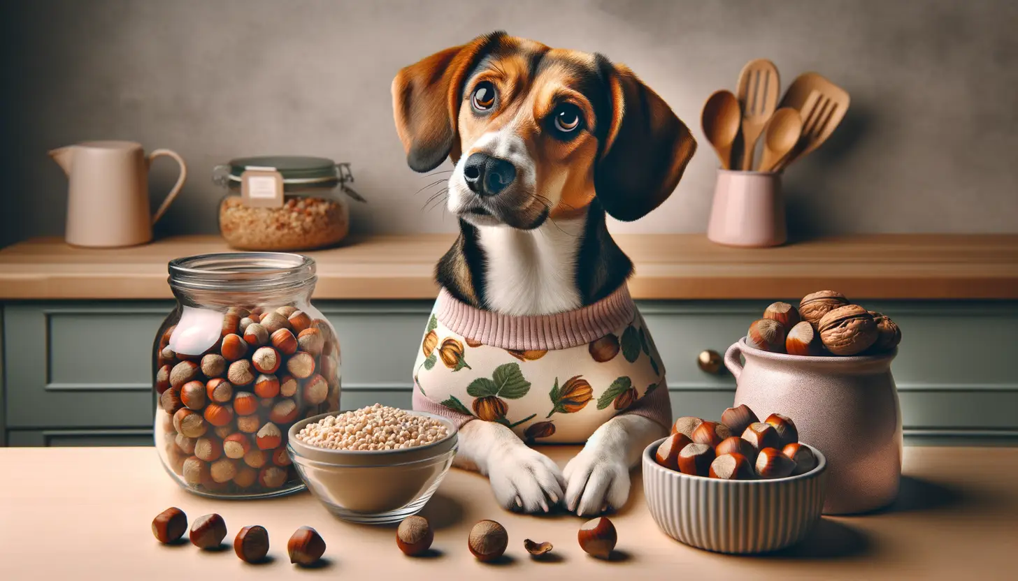 A dog with an unsure expression looking at hazelnuts, indicating caution for dog consumption.