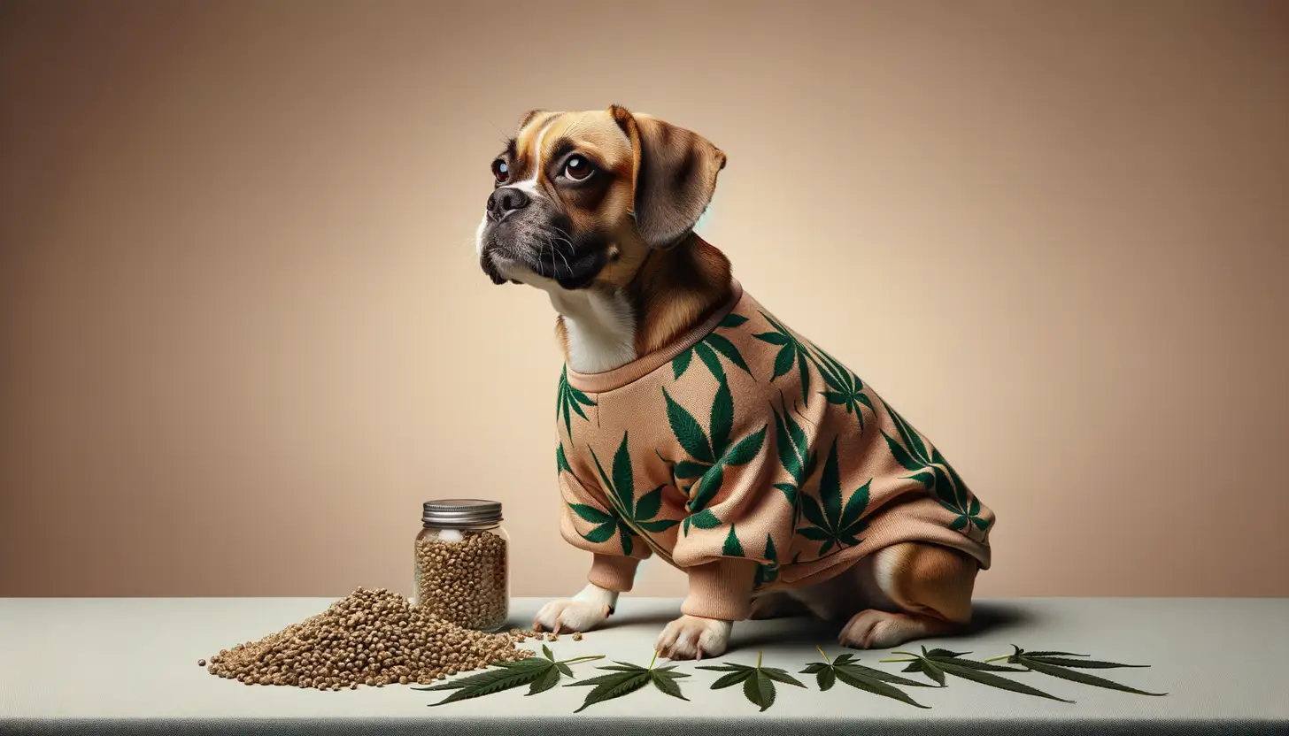 A dog with a happy expression looking at hemp seeds, highlighting healthy food for dogs.