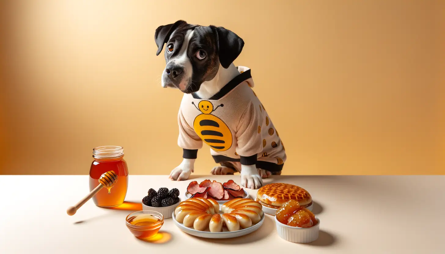 A dog with a curious expression looking at honey, indicating moderate safety for dogs.