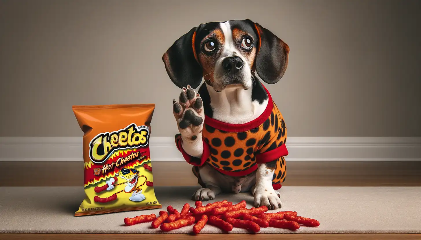 A dog with a concerned expression looking at hot cheetos, indicating it's toxic for dogs.