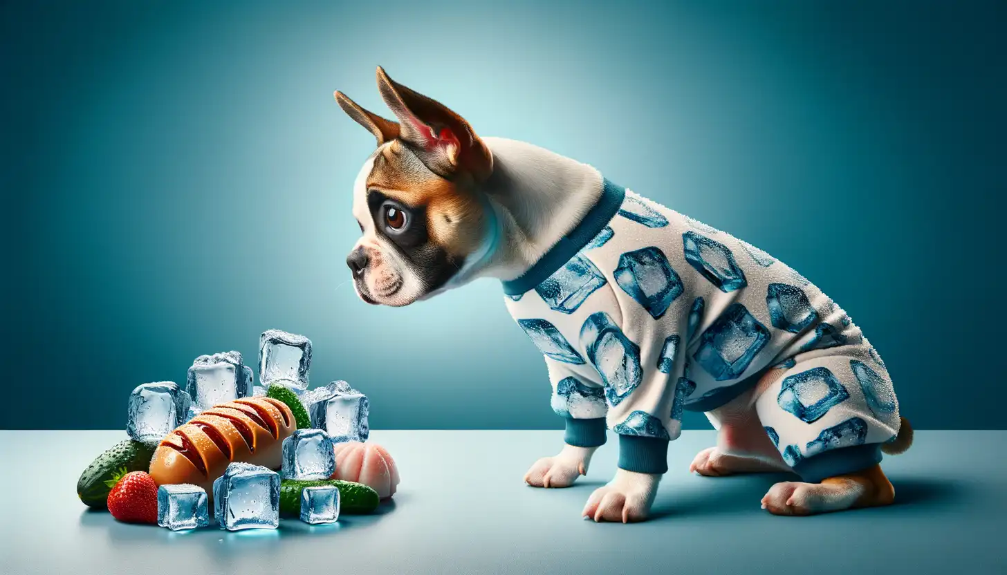 A dog with a happy expression looking at ice, highlighting healthy food for dogs.