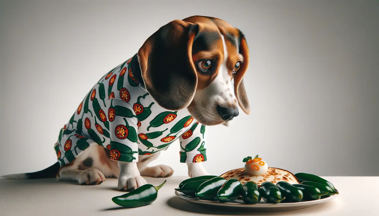 A dog with a wary expression looking at jalapenos, showing they are harmful to dogs.