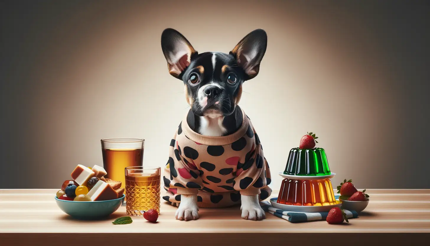 A dog with a wary expression looking at jello, showing they are harmful to dogs.