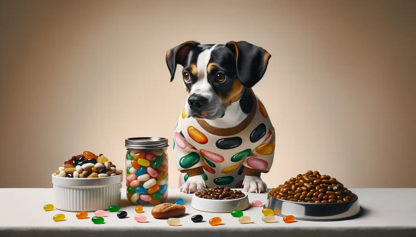 A dog with a concerned expression looking at jelly beans, indicating it's toxic for dogs.