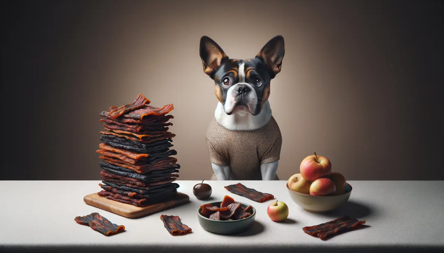 A dog with a curious expression looking at jerky, indicating moderate safety for dogs.