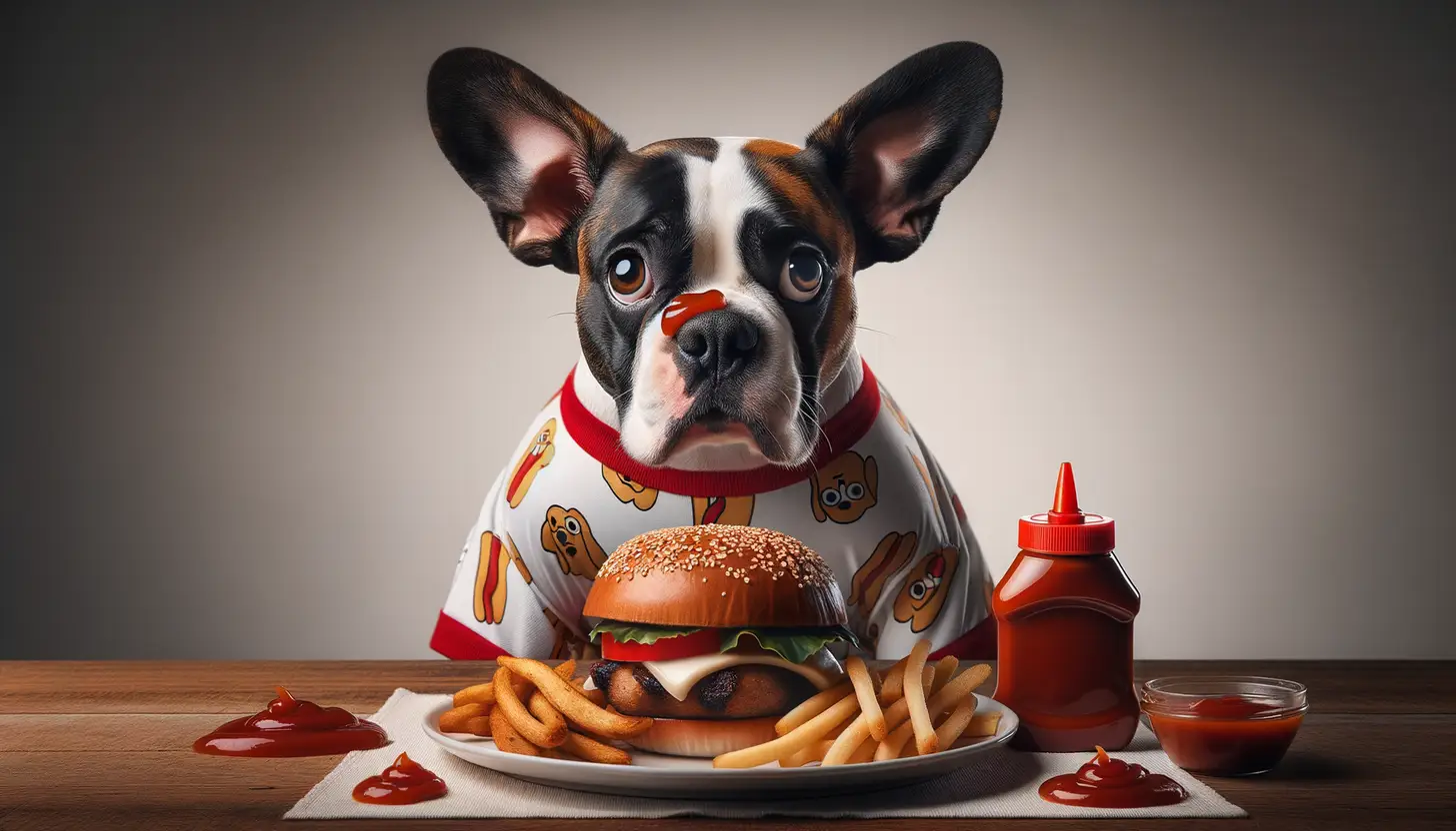 A dog with a wary expression looking at ketchup, showing they are harmful to dogs.