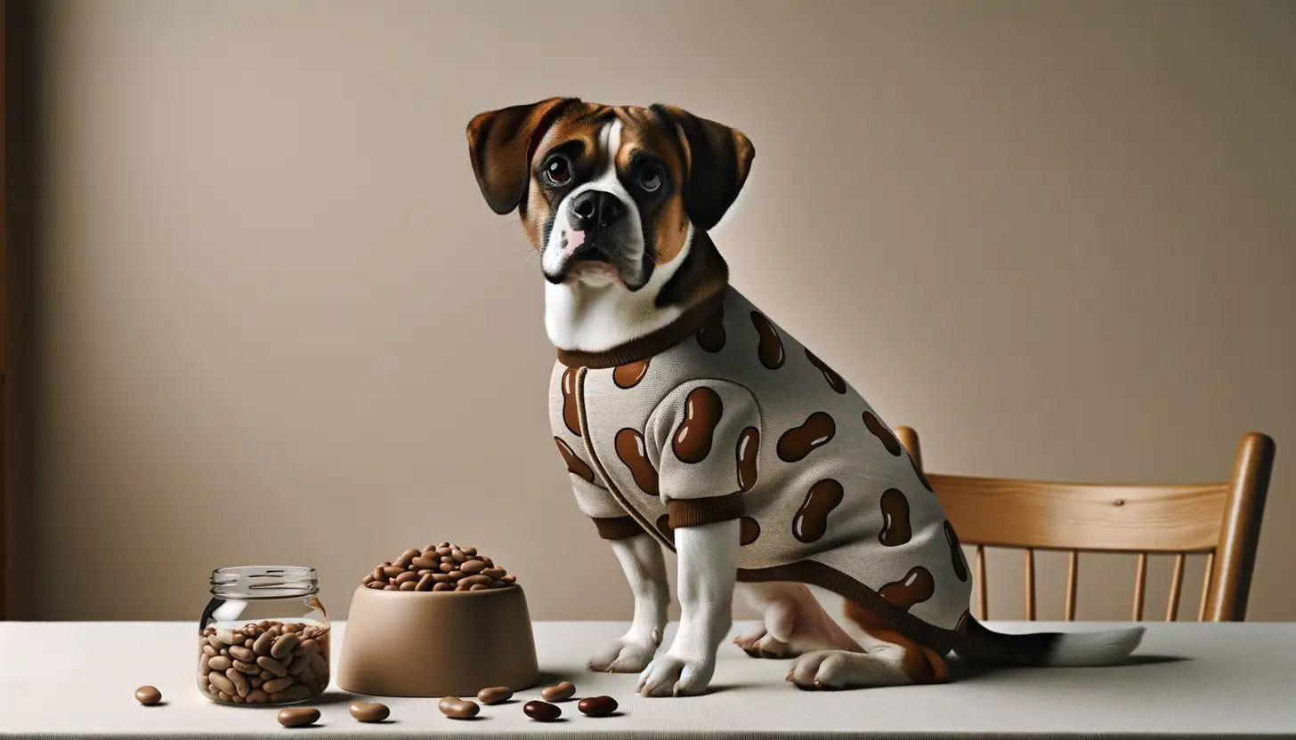 A dog with a curious expression looking at kidney beans, indicating moderate safety for dogs.