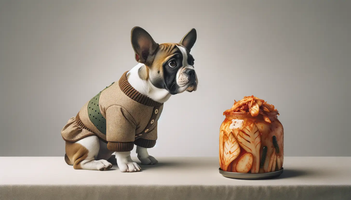 A dog with a wary expression looking at kimchi, showing they are harmful to dogs.