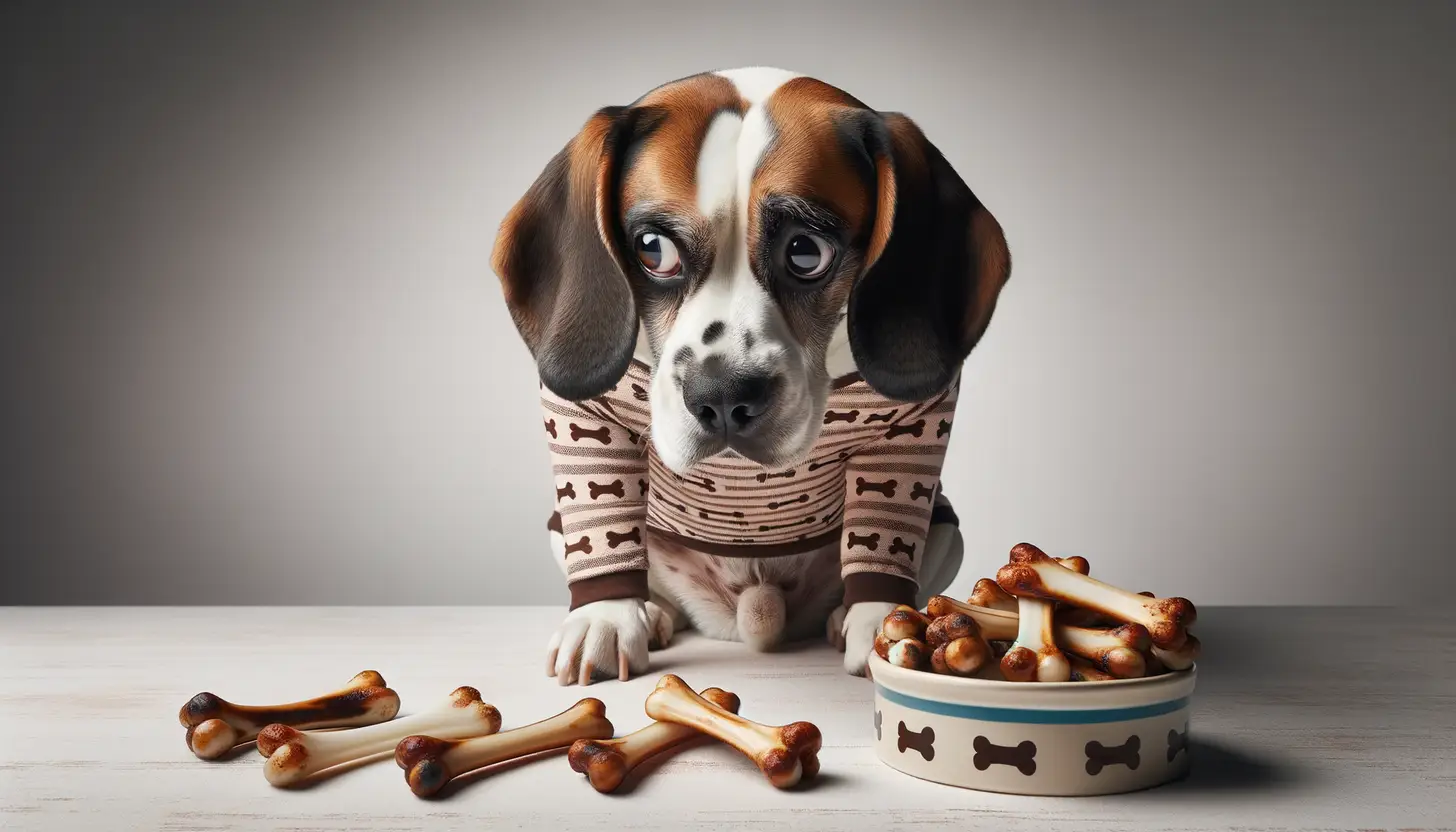 A dog with a wary expression looking at lamb bones, showing they are harmful to dogs.