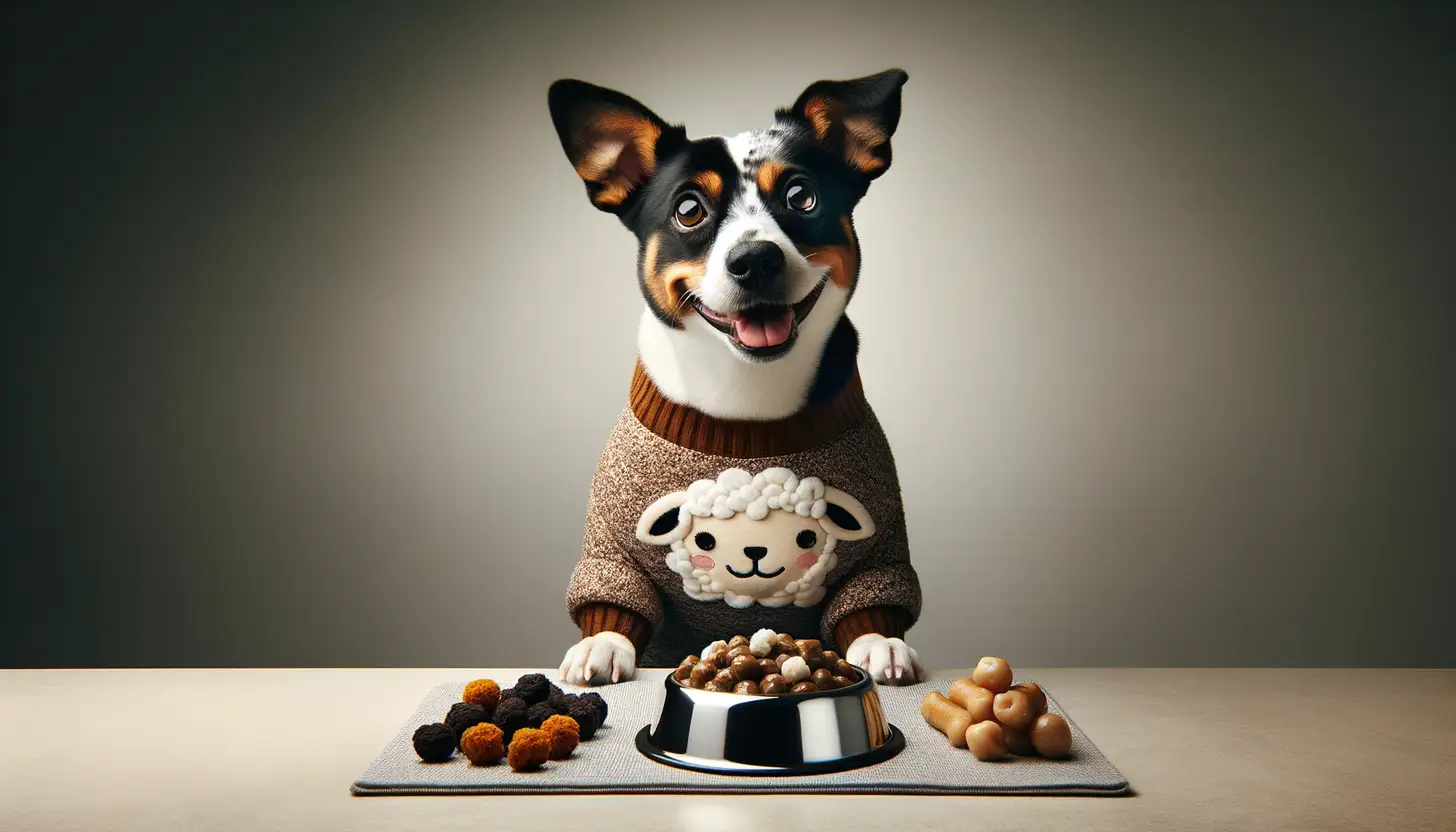 A dog with a happy expression looking at lamb, highlighting healthy food for dogs.