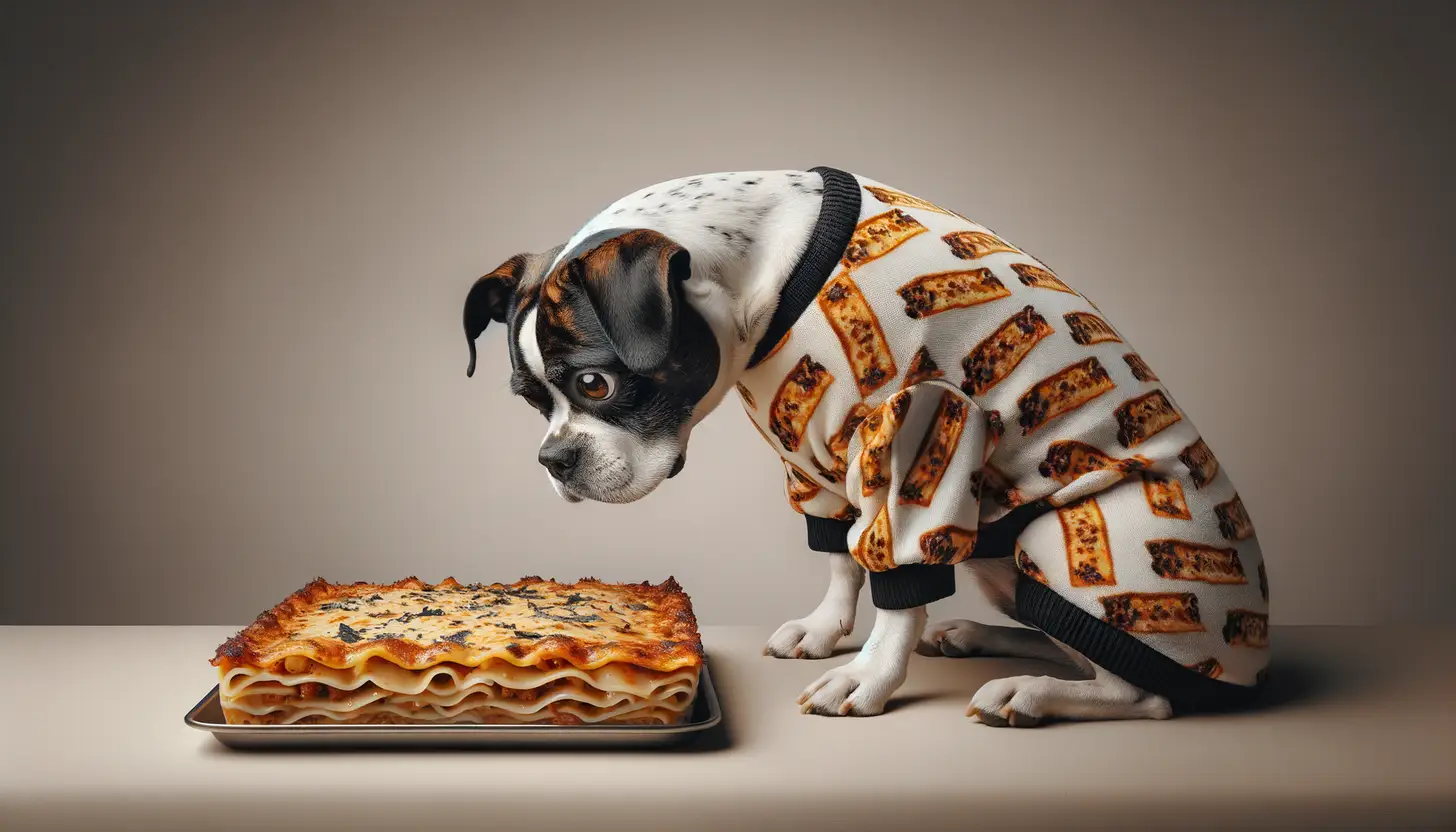 A dog with a wary expression looking at lasagna, showing they are harmful to dogs.