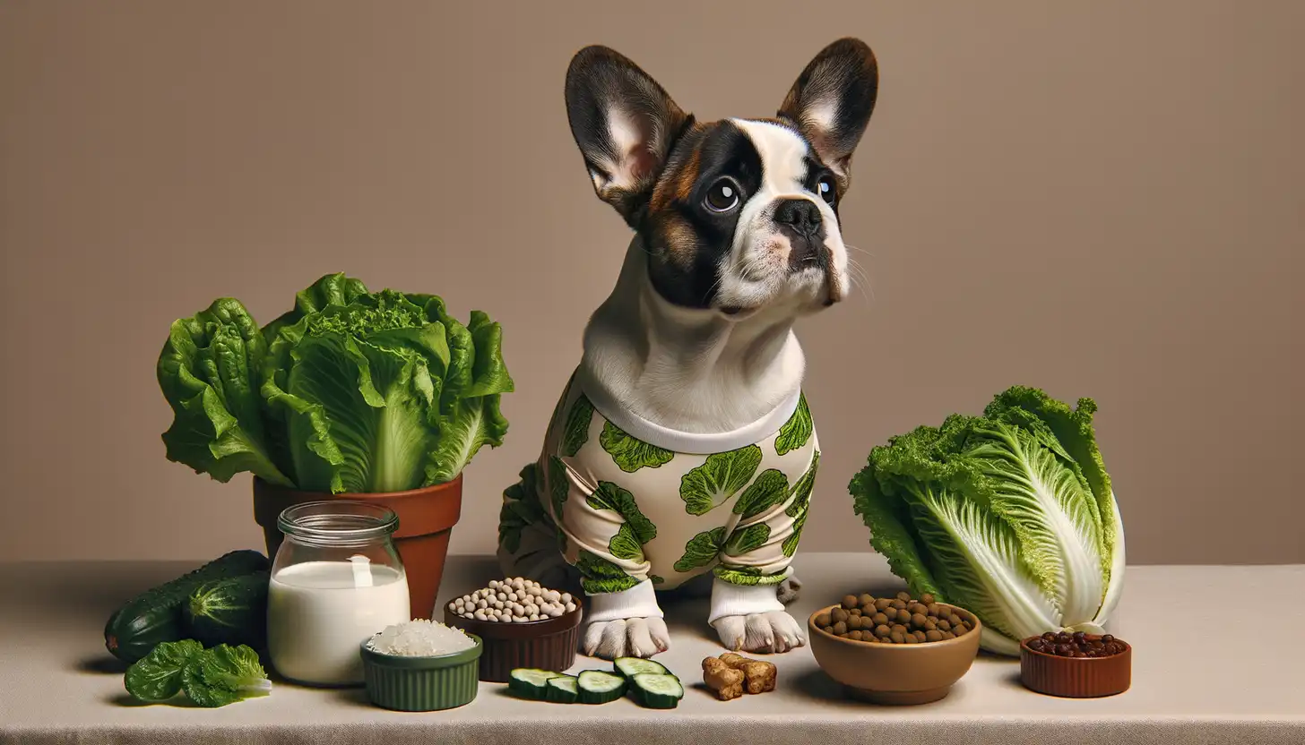 A dog with a happy expression looking at lettuce, highlighting healthy food for dogs.