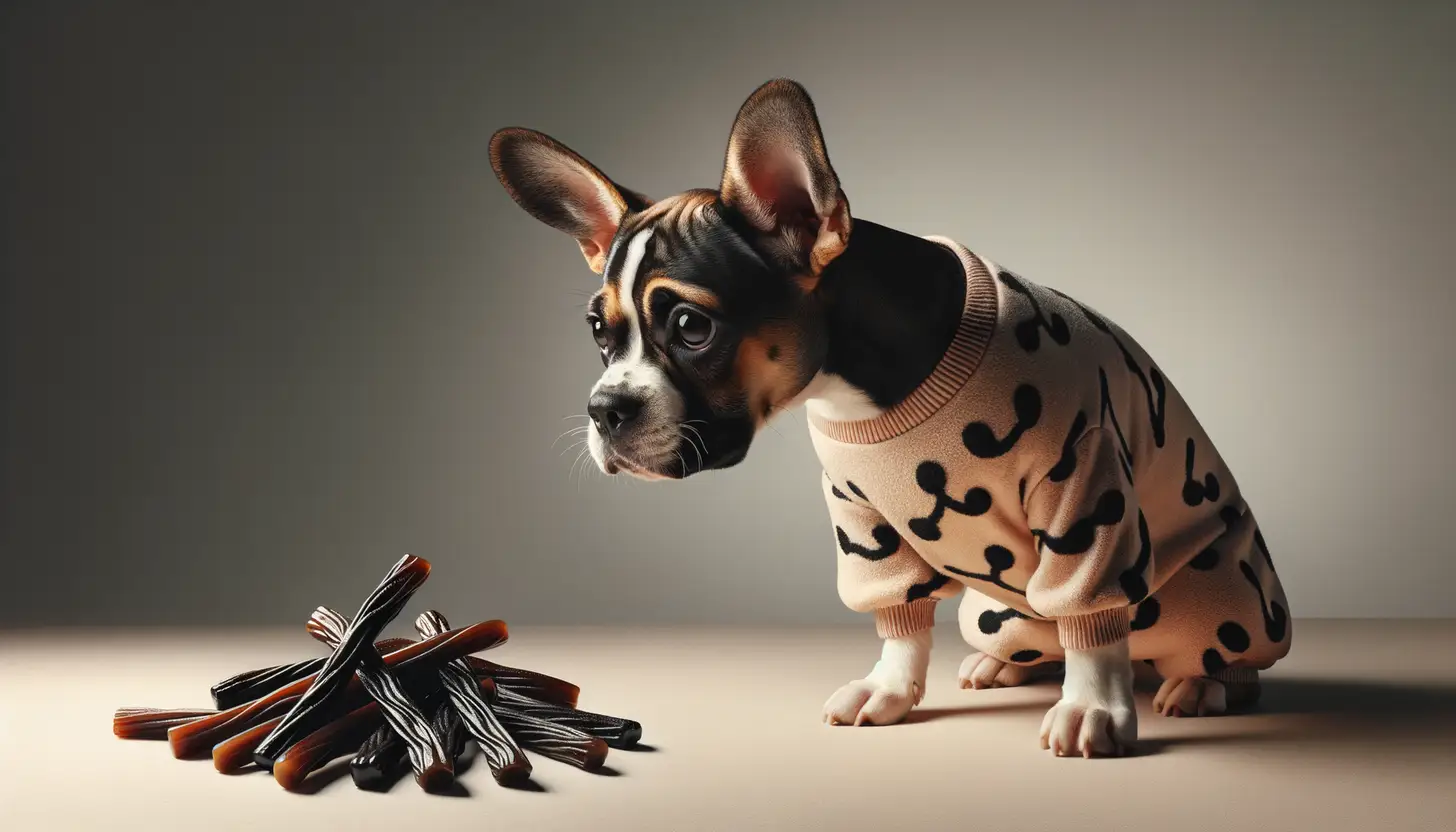 A dog with a concerned expression looking at licorice, indicating it's toxic for dogs.