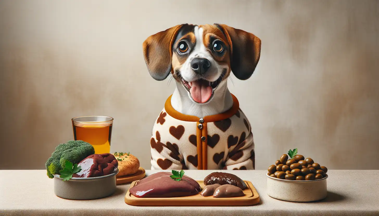 A dog with an excited expression looking at liver, showcasing a superfood for dogs.