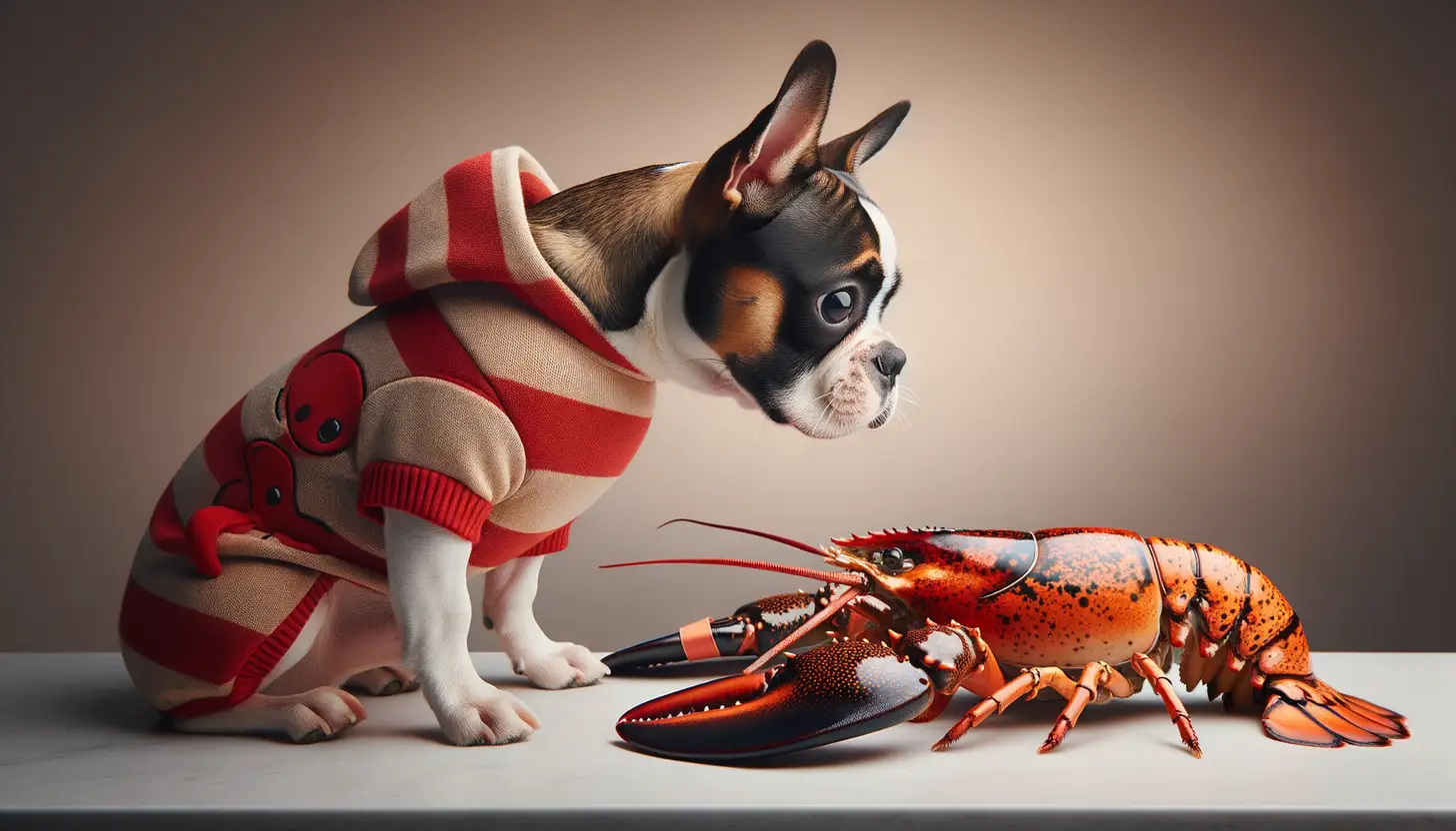 A dog with an unsure expression looking at lobster, indicating caution for dog consumption.