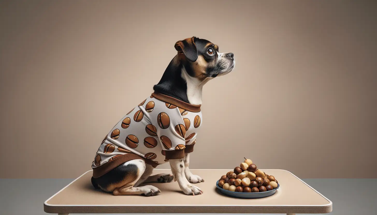 A dog with a concerned expression looking at macadamia nuts, indicating it's toxic for dogs.