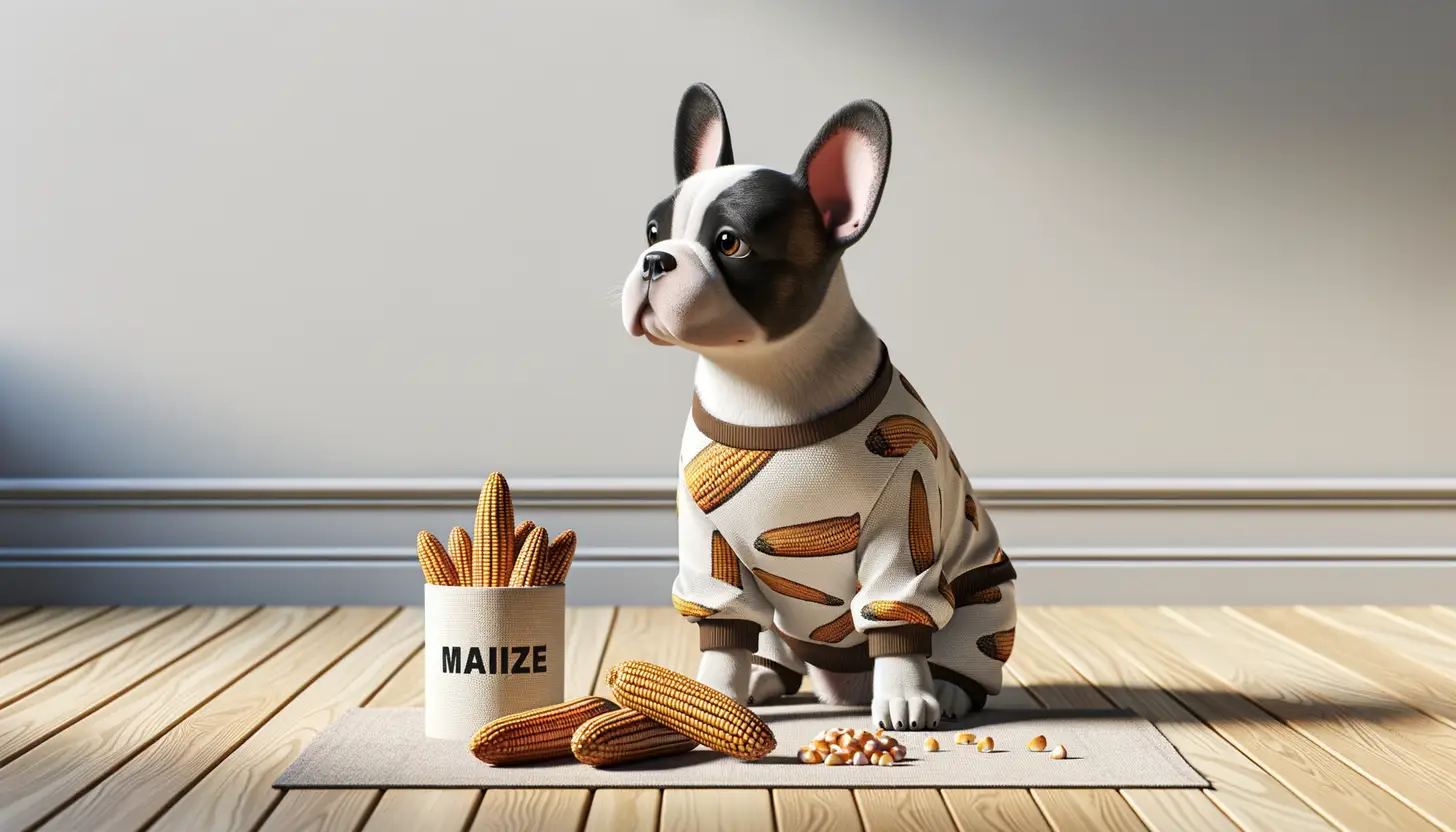 A dog with a curious expression looking at maize, indicating moderate safety for dogs.