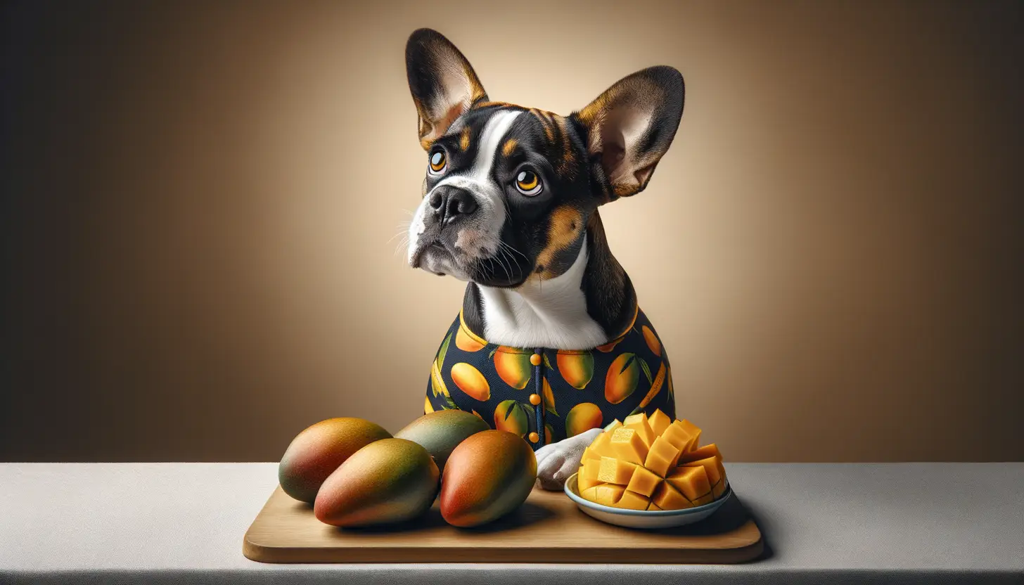 A dog with a happy expression looking at mangos, highlighting healthy food for dogs.