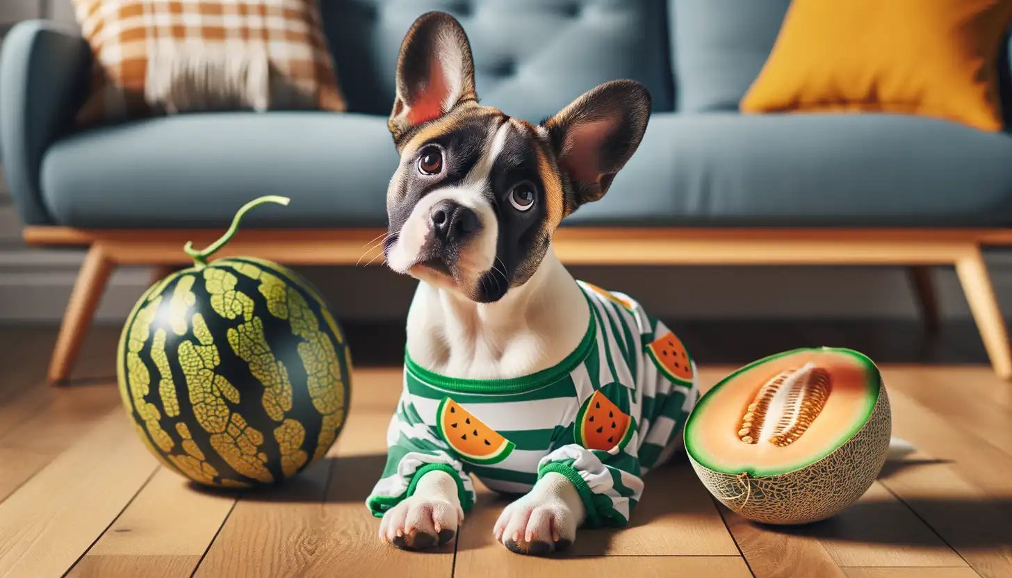 A dog with a happy expression looking at melons, highlighting healthy food for dogs.