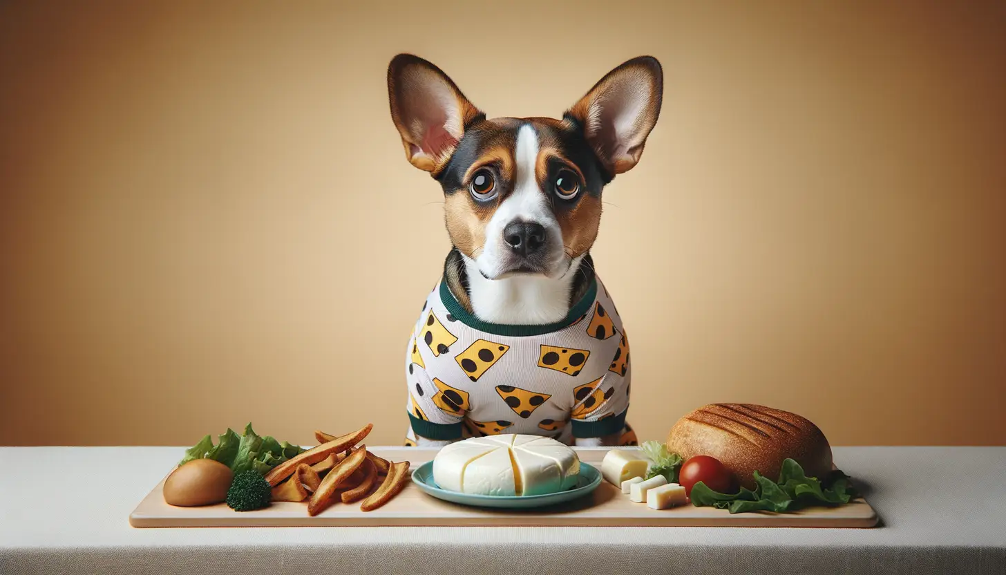 A dog with a wary expression looking at mozzarella cheese, showing they are harmful to dogs.