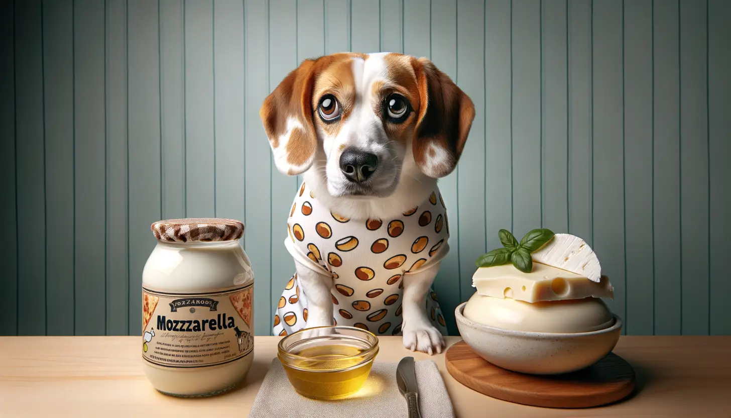 A dog with a wary expression looking at mozzarella, showing they are harmful to dogs.