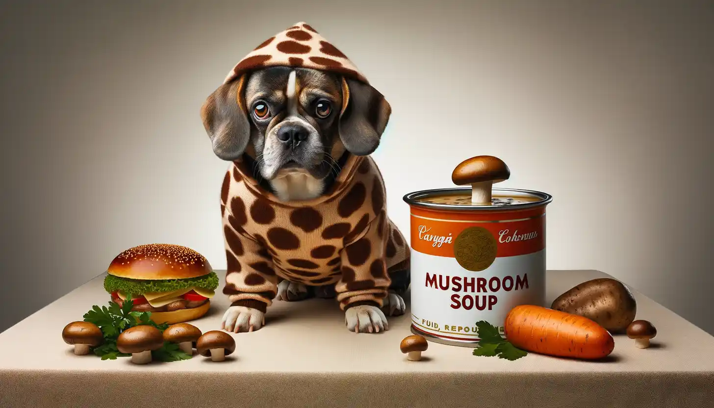 A dog with a wary expression looking at mushroom soup, showing they are harmful to dogs.