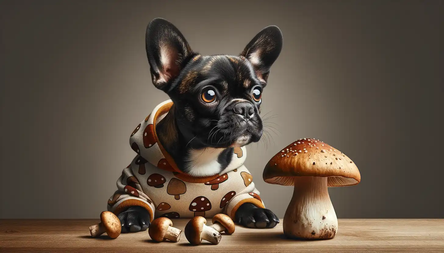 A dog with an unsure expression looking at mushroom, indicating caution for dog consumption.