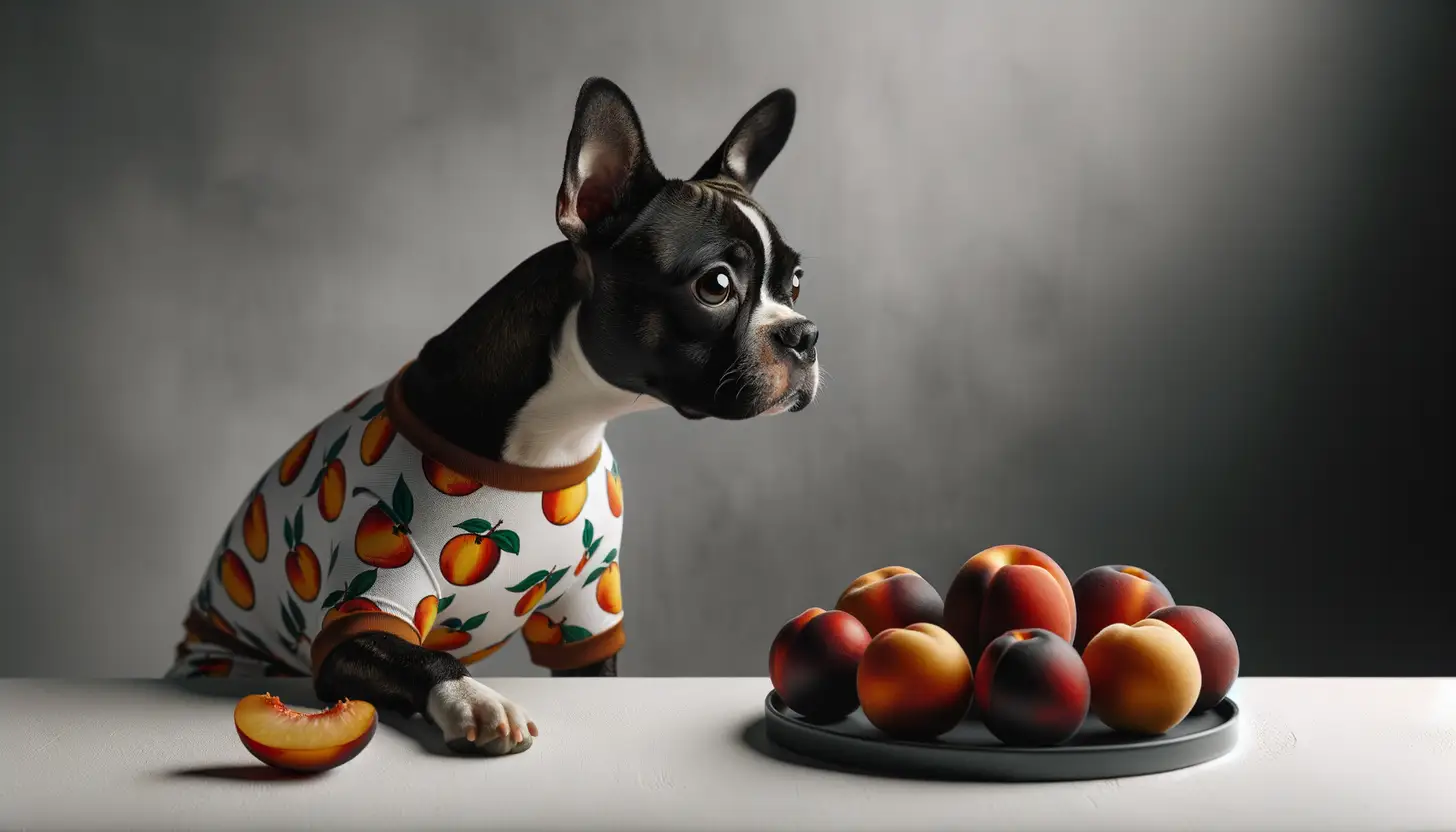 A dog with a curious expression looking at nectarines, indicating moderate safety for dogs.