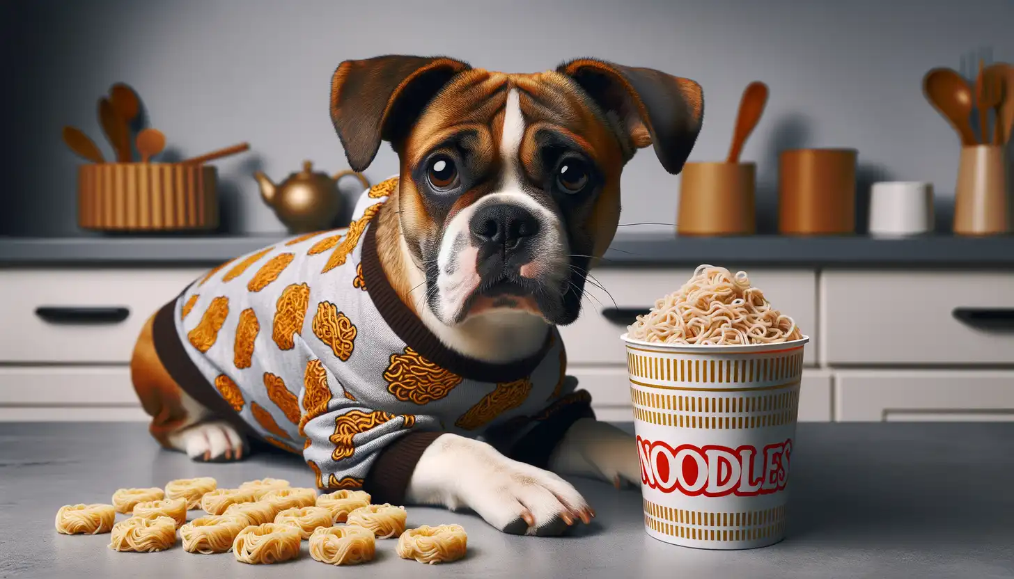 A dog with a curious expression looking at noodles, indicating moderate safety for dogs.