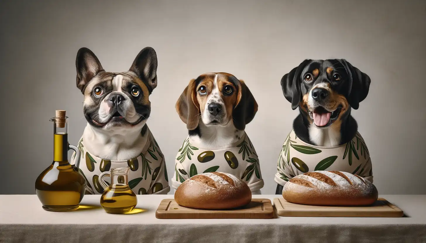 A dog with a happy expression looking at olive oil, highlighting healthy food for dogs.