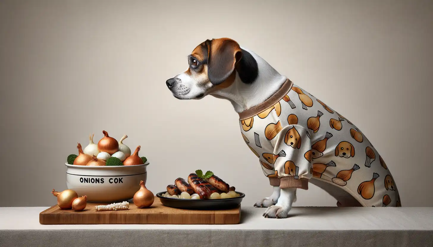 A dog with a concerned expression looking at onions cooked, indicating it's toxic for dogs.