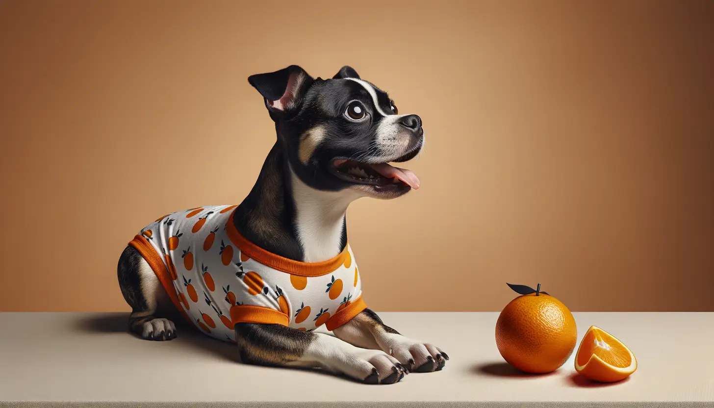 A dog with a happy expression looking at orange, highlighting healthy food for dogs.