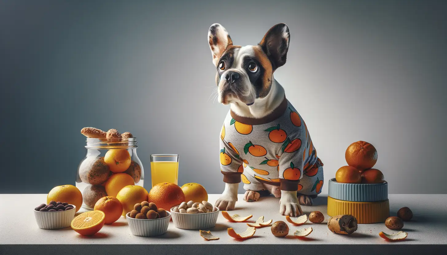 A dog with a wary expression looking at oranges peels, showing they are harmful to dogs.