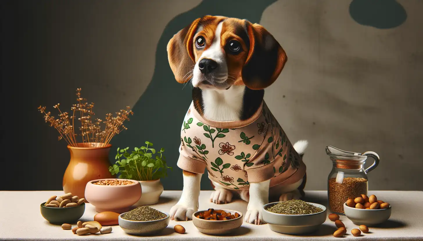 A dog with an unsure expression looking at oregano, indicating caution for dog consumption.