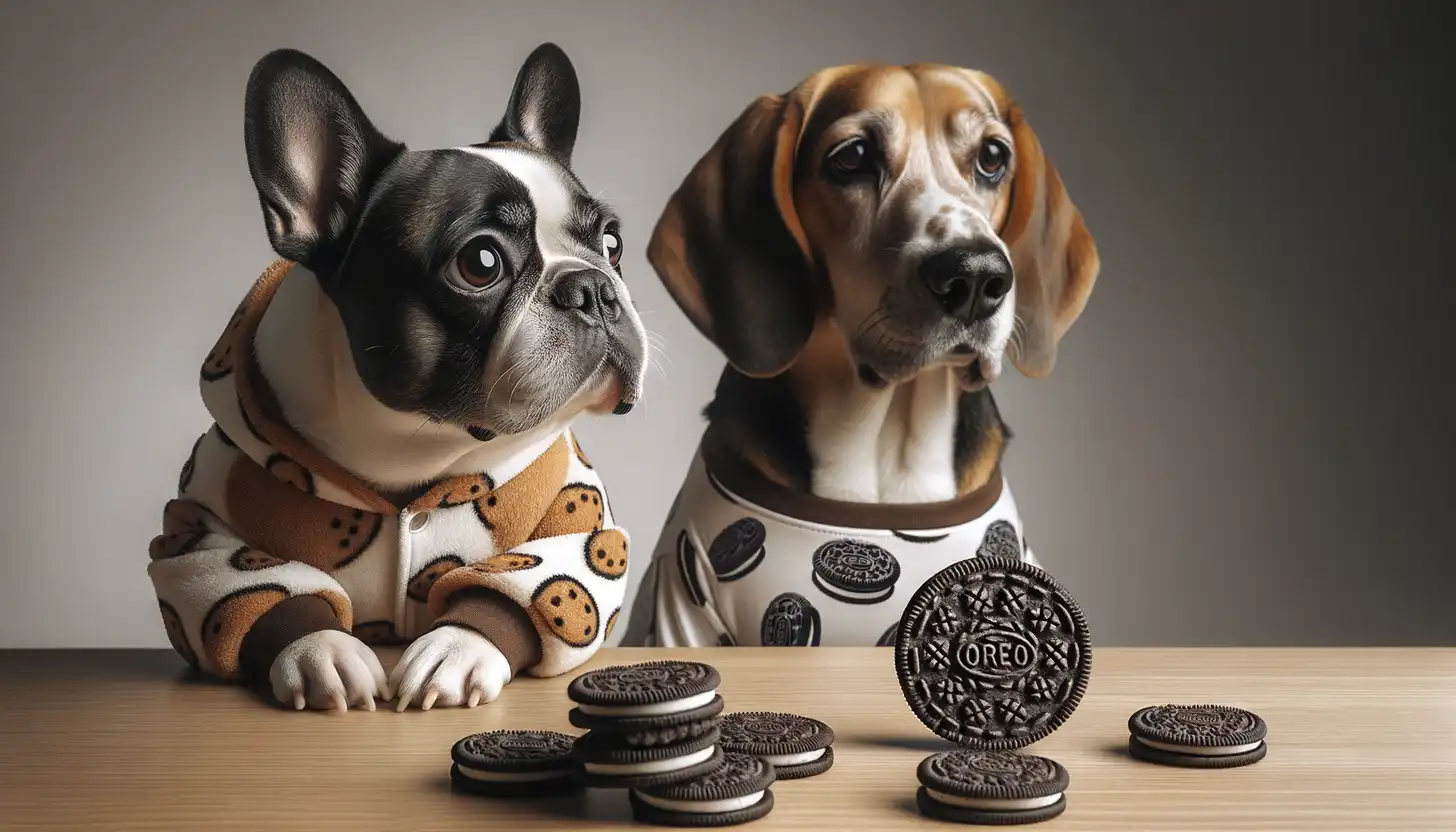 A dog with a concerned expression looking at oreos, indicating it's toxic for dogs.