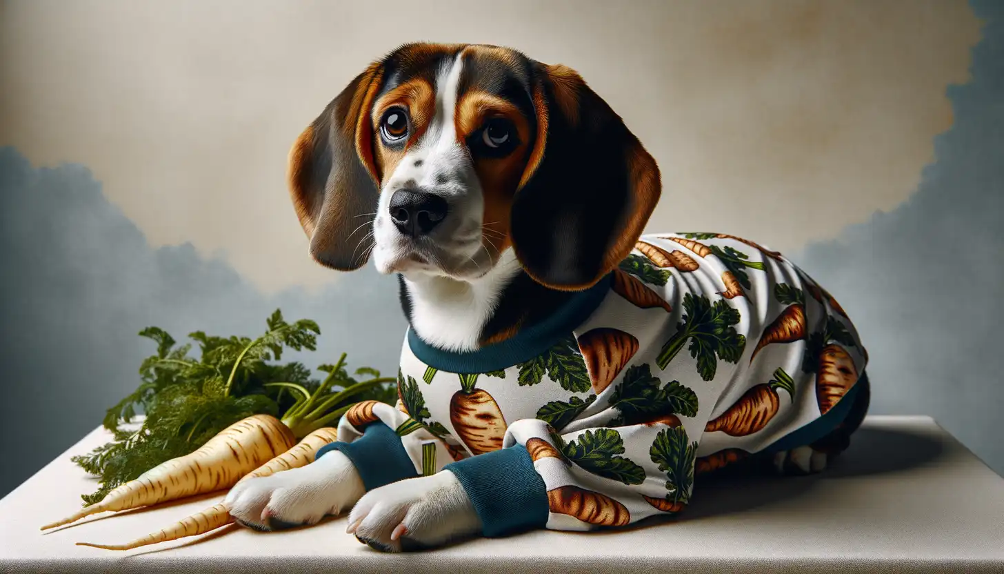 A dog with a happy expression looking at parsnips, highlighting healthy food for dogs.