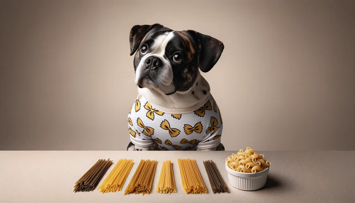 A dog with a curious expression looking at pasta, indicating moderate safety for dogs.