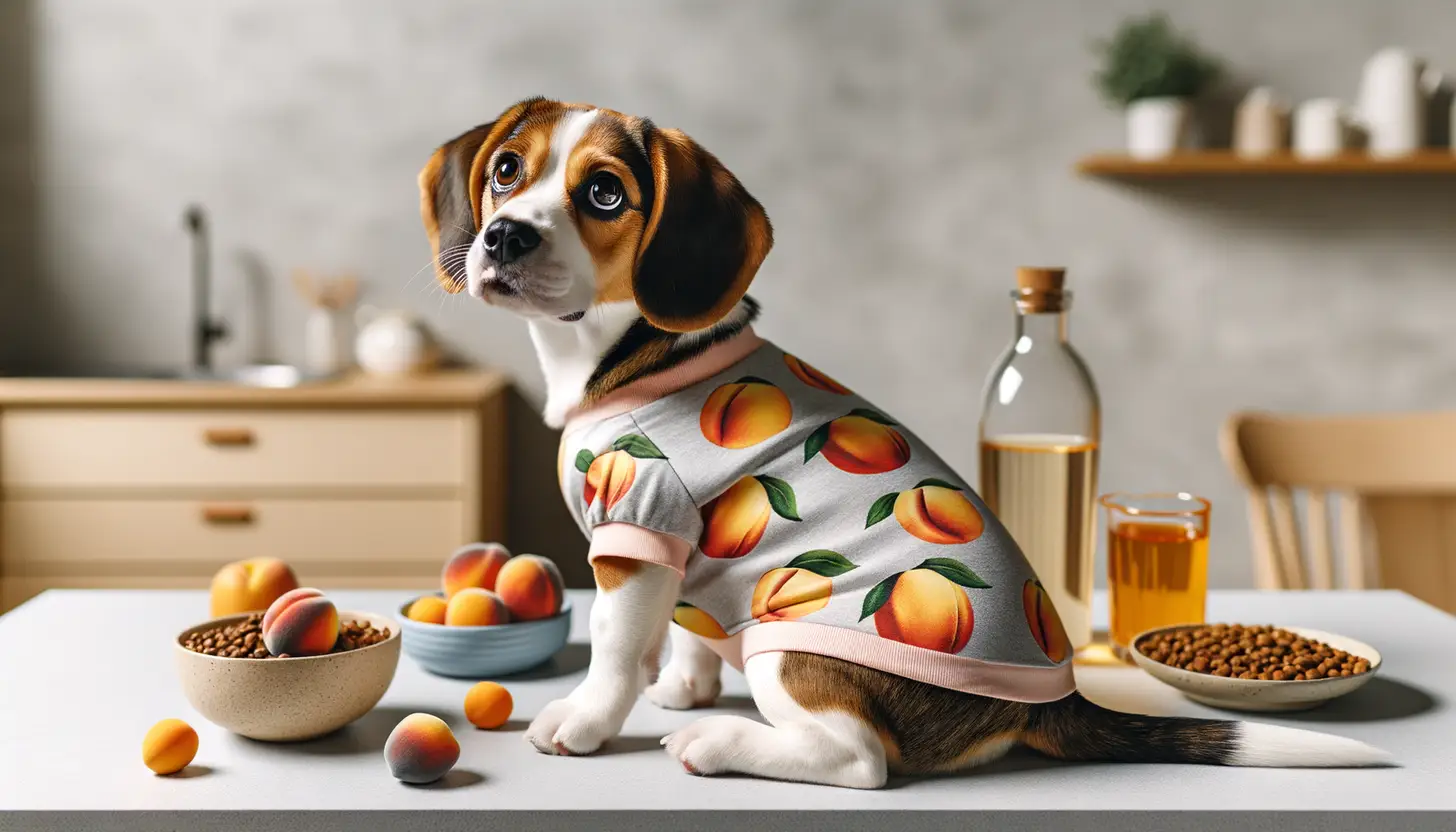 A dog with an unsure expression looking at peach, indicating caution for dog consumption.