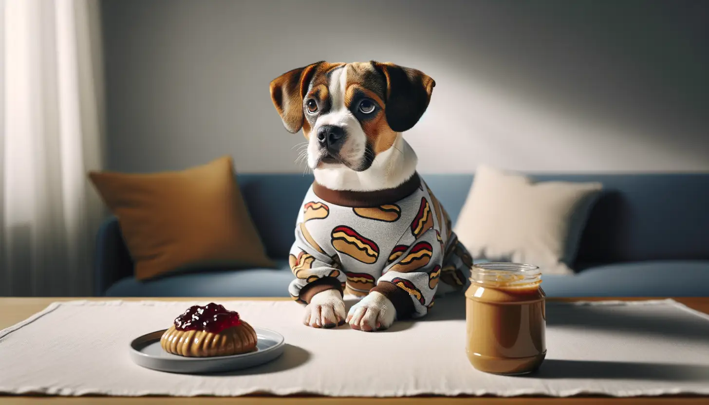 A dog with a wary expression looking at peanut butter and jelly, showing they are harmful to dogs.