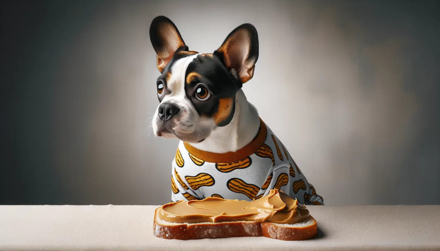 A dog with a curious expression looking at peanut butter, indicating moderate safety for dogs.