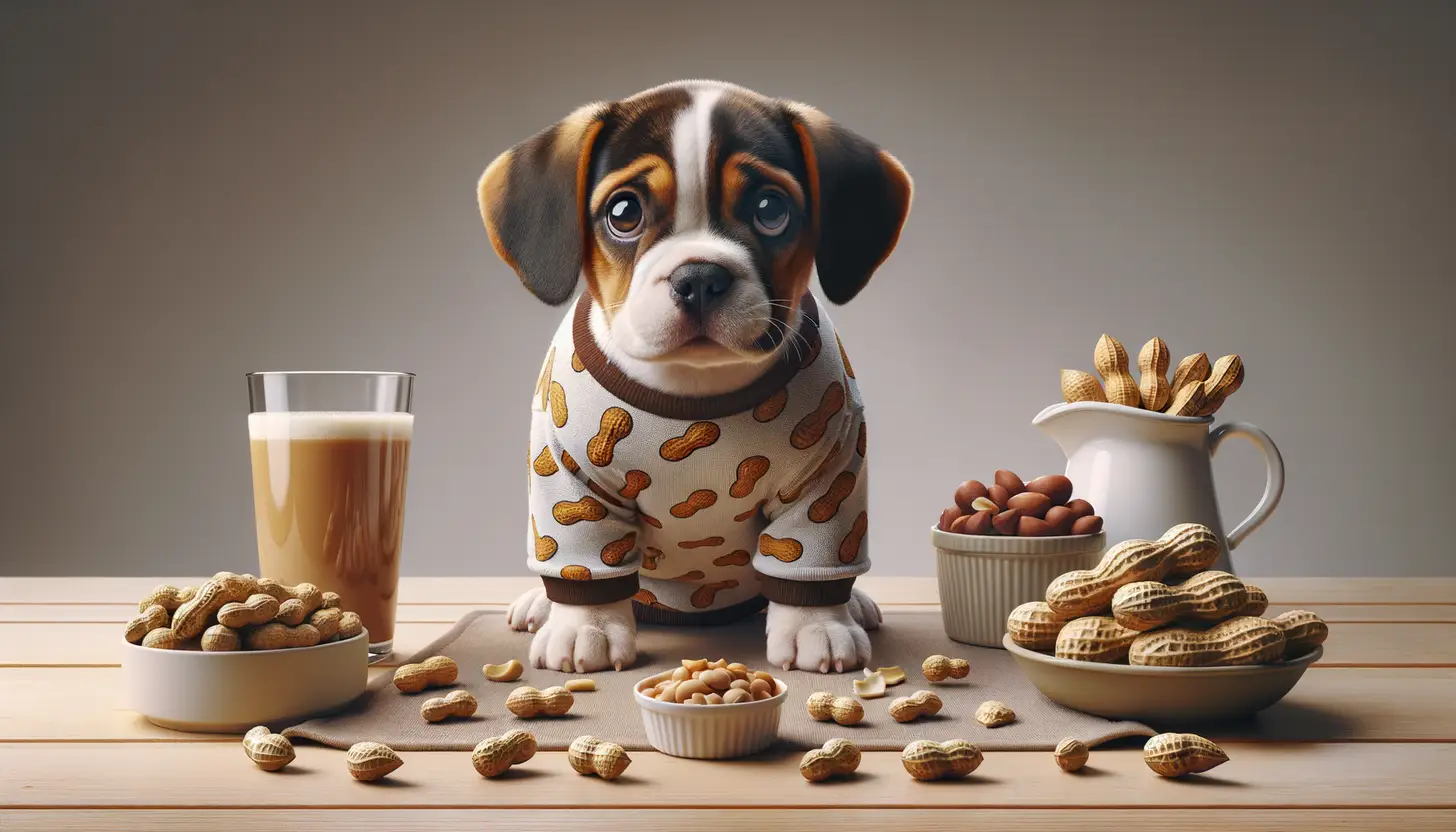 A dog with a wary expression looking at peanut shells, showing they are harmful to dogs.