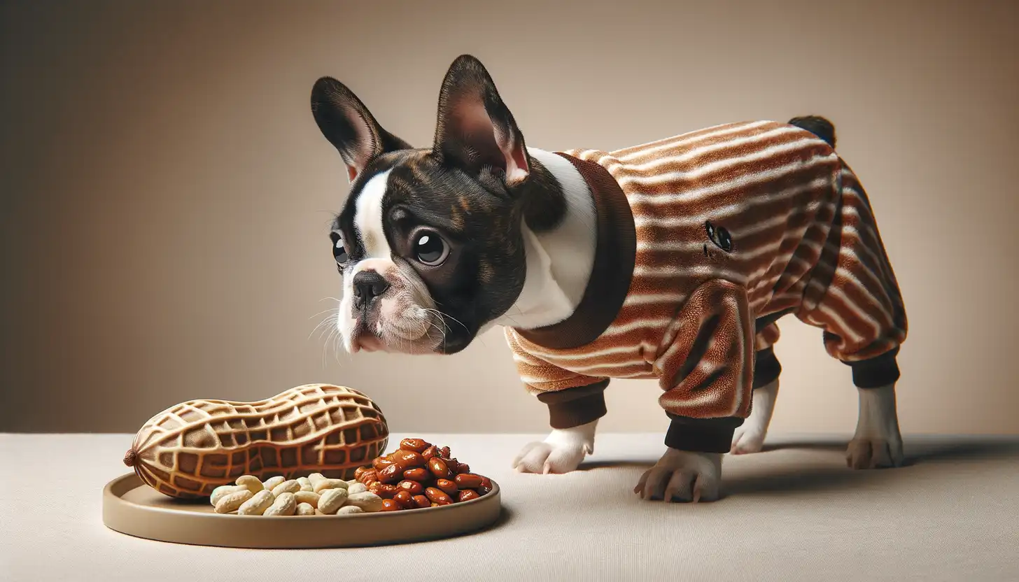 A dog with an unsure expression looking at peanut, indicating caution for dog consumption.