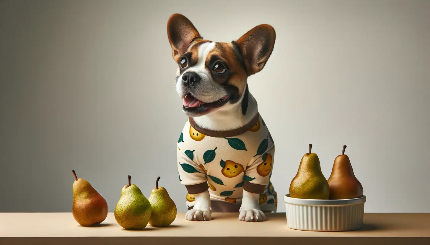 A dog with a happy expression looking at pears, highlighting healthy food for dogs.