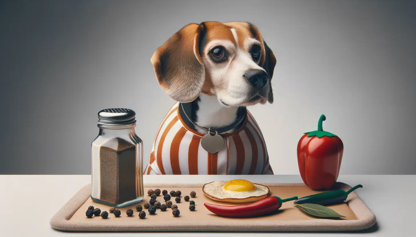 A dog with an unsure expression looking at pepper, indicating caution for dog consumption.