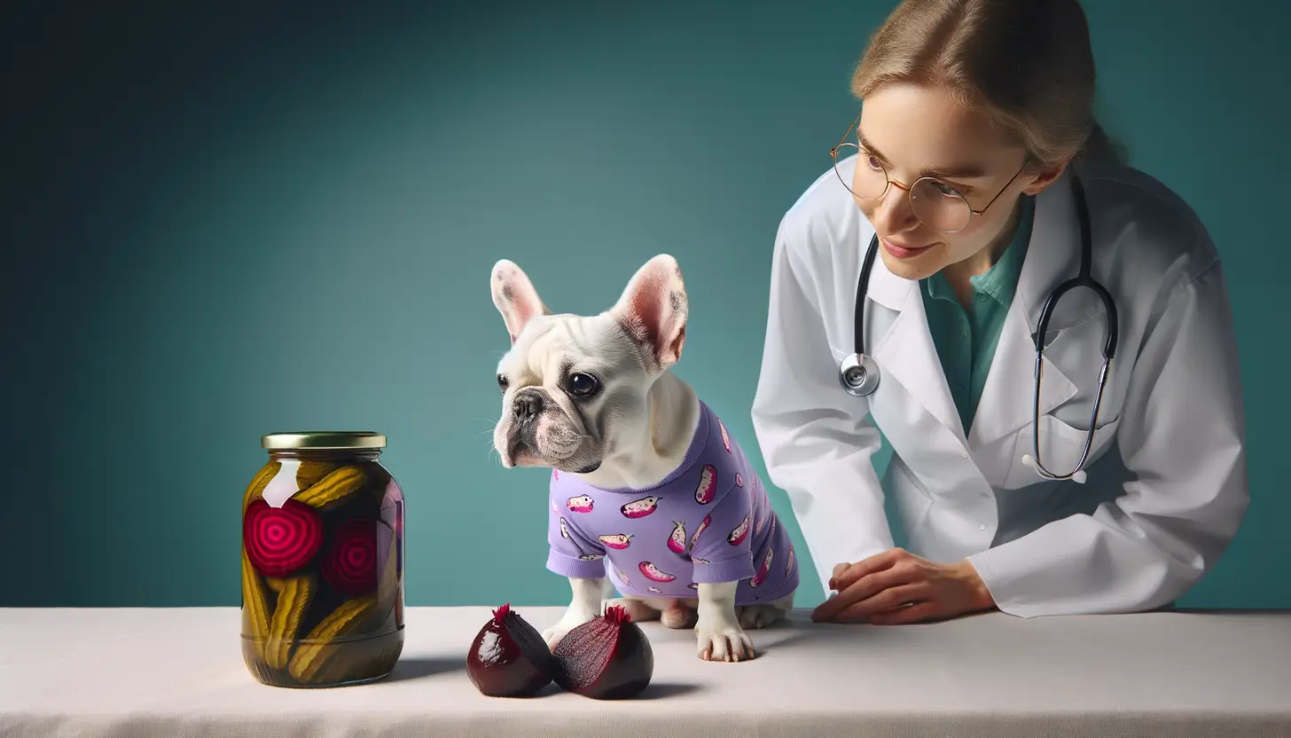 A dog with a wary expression looking at pickled beets, showing they are harmful to dogs.