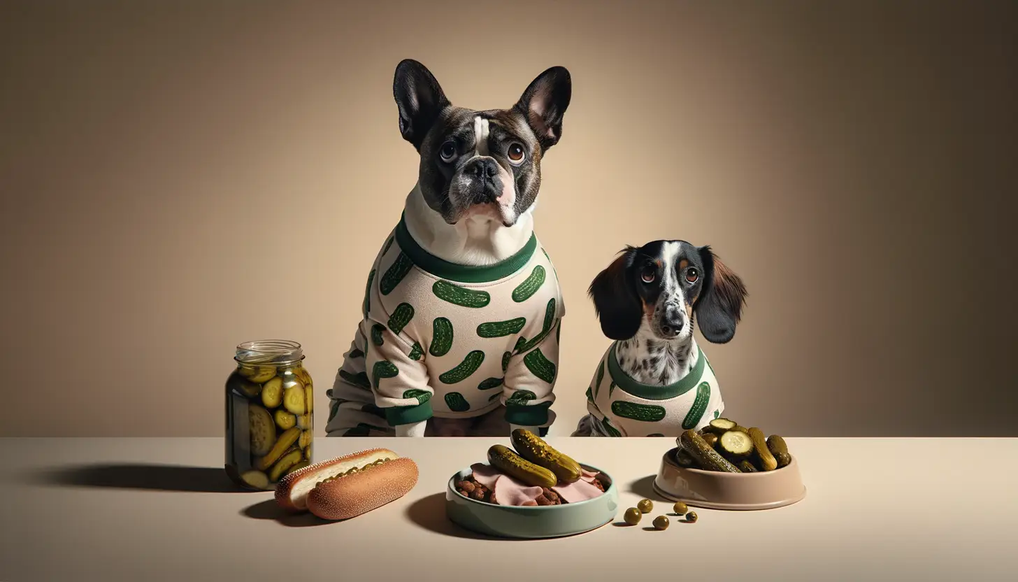 A dog with a wary expression looking at pickles, showing they are harmful to dogs.