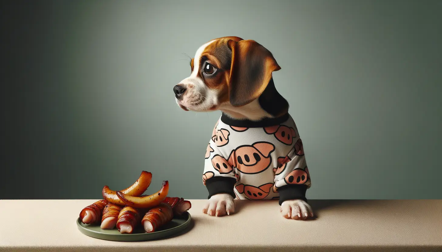 A dog with a curious expression looking at pig ears, indicating moderate safety for dogs.