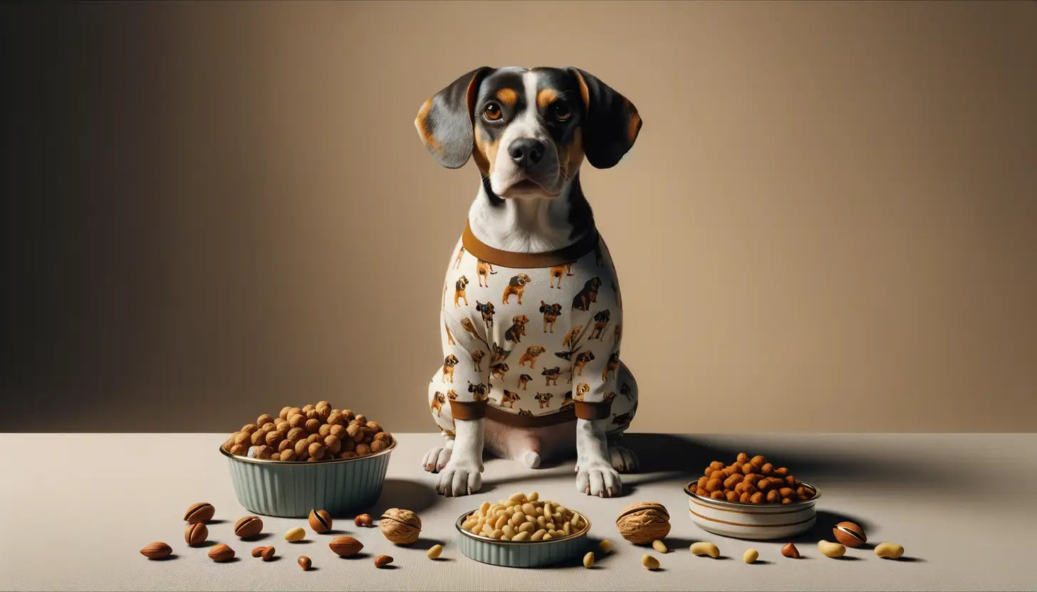 A dog with an unsure expression looking at pine nuts, indicating caution for dog consumption.