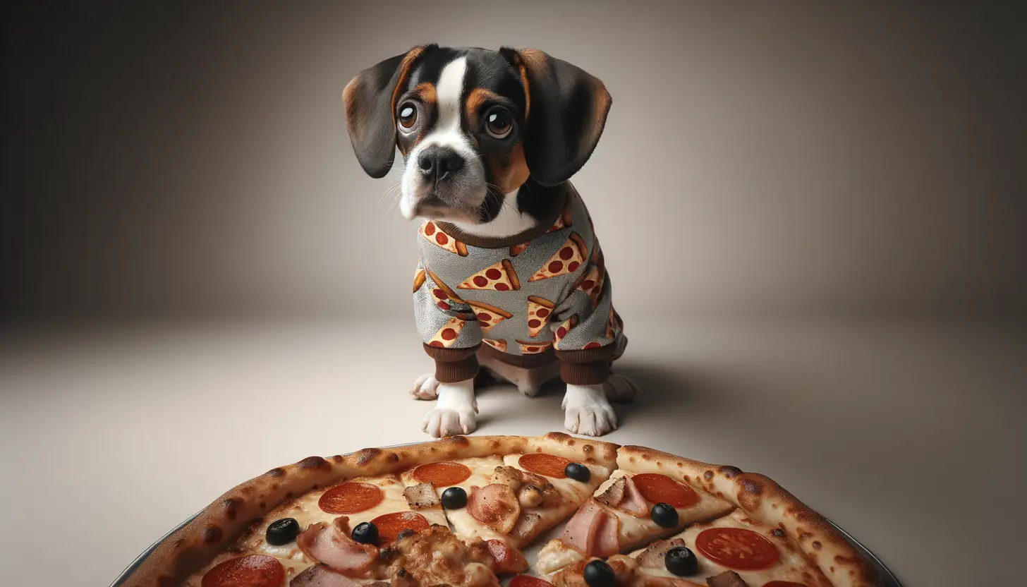 A dog with a wary expression looking at pizza crust, showing they are harmful to dogs.