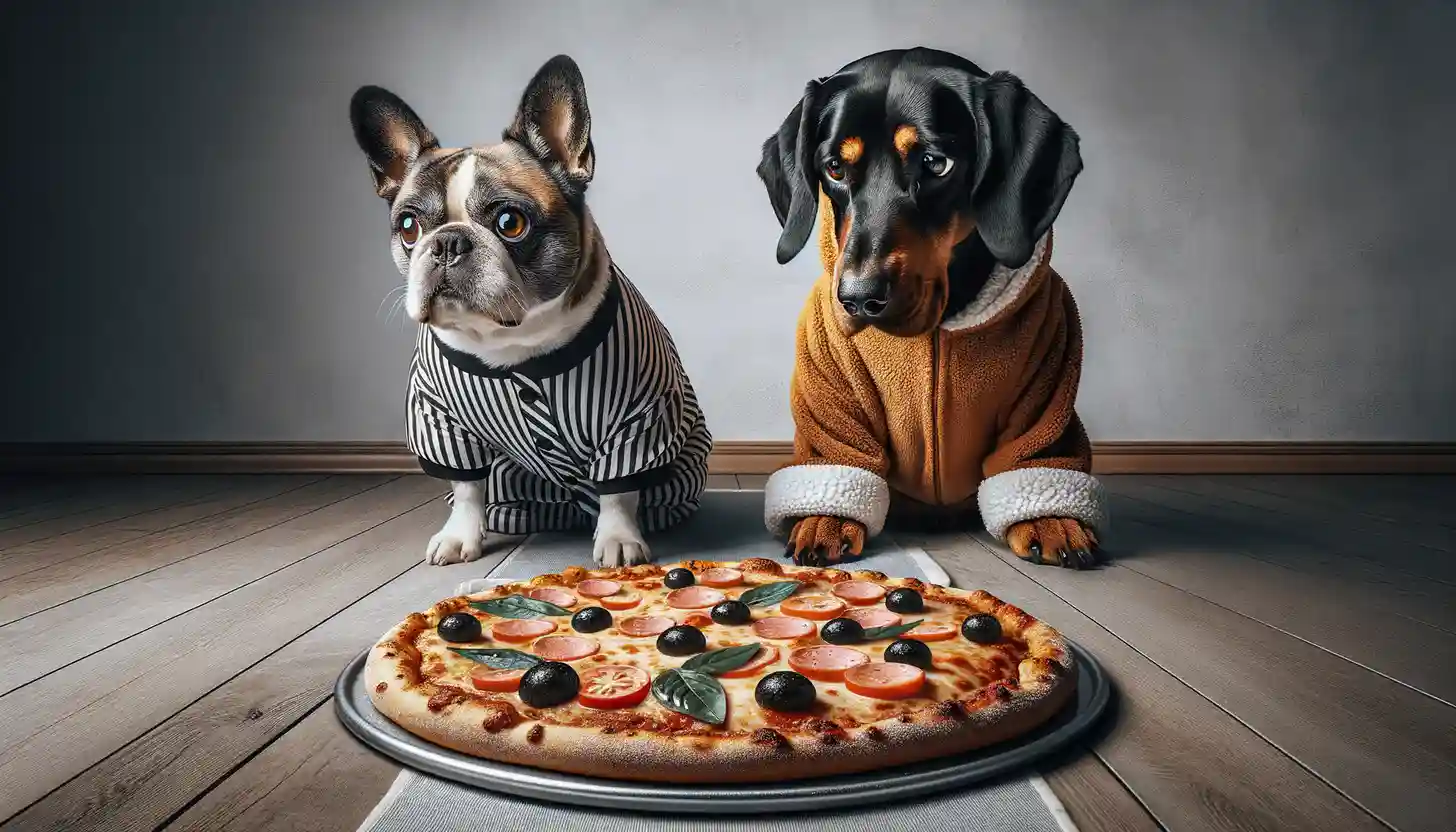 A dog with a wary expression looking at pizza, showing they are harmful to dogs.